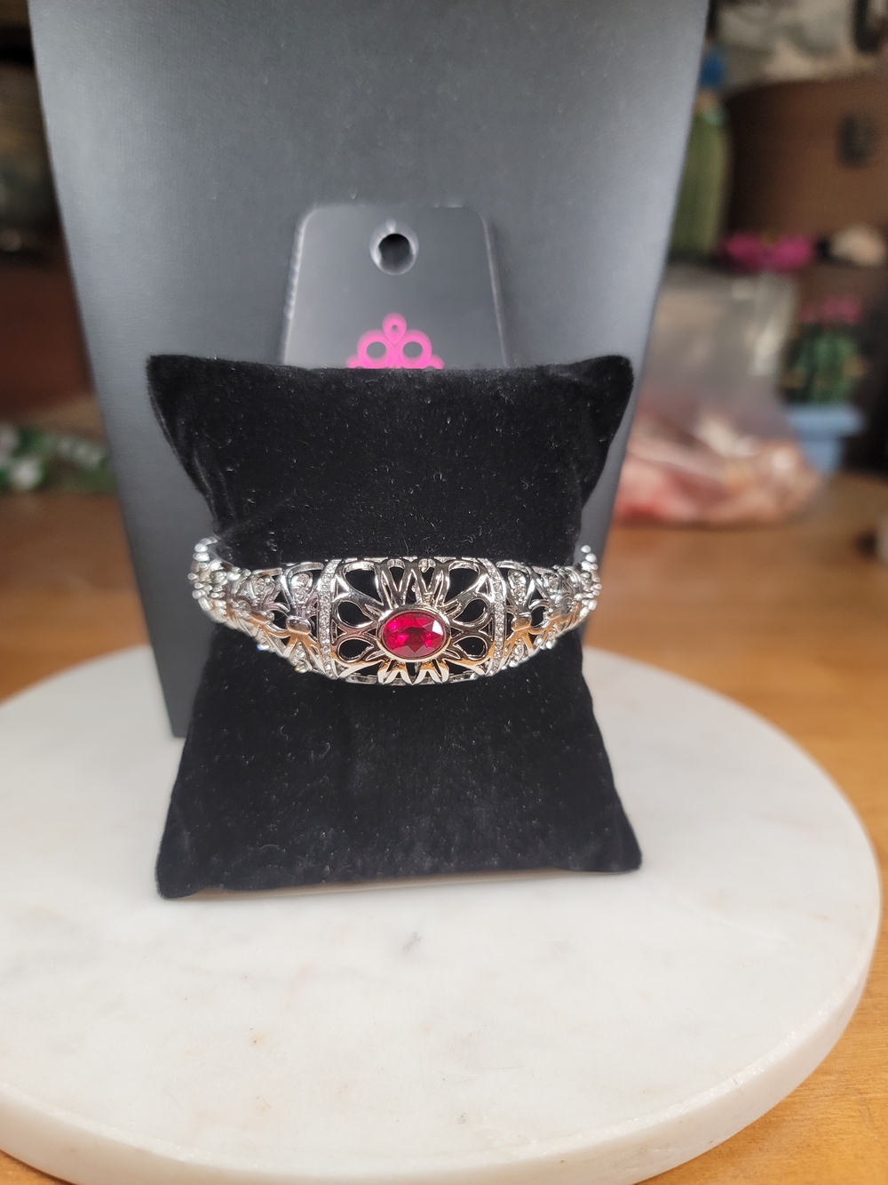 paparazzi Silver Filigree Bracelet with Red Stone Accent
